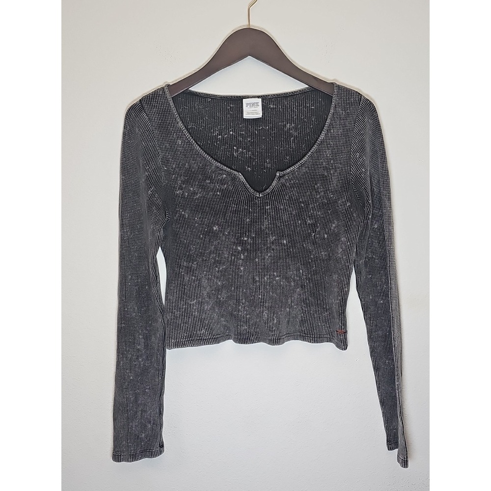 Pink By Victoria's Secret Size Large Gray Long Sleeve V-Neck Black Logo T-Shirt